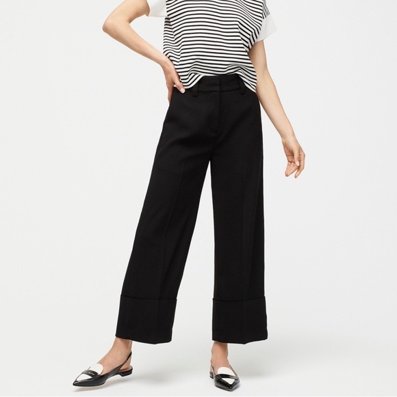 J.Crew Cropped Wide Leg Cuff Pants Women's 8 Black Trouser Career Office - Picture 1 of 14